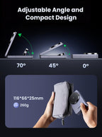 UGREEN MagFlow 3-in-1 Wireless Charger combines MagSafe compatible technology, Qi2 15W wireless charging, and a secure magnetic hold in a compact 116×66×25mm design weighing 260g, with adjustable angles of 70°, 45°, and 0°.