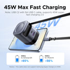 UGREEN Nexode 45W Charger with Retractable USB-C Cable functions as a high-speed travel charger, delivering up to 45W Max Super Fast Charging 2.0 via USB-C2 with a 5A cable—charging a Samsung S25 to 65% and iPhone 16 to 56% in just 30 minutes during travel.