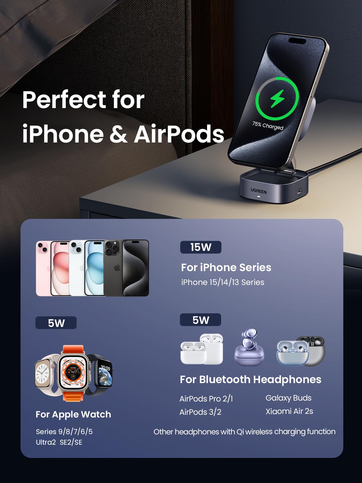 UGREEN Estación de Carga MagFlow Qi2 15W para iPhone, Carga Inalámbrico UGREEN Estación de Carga MagFlow Qi2 15W para iPhone, Carga Inalámbrico