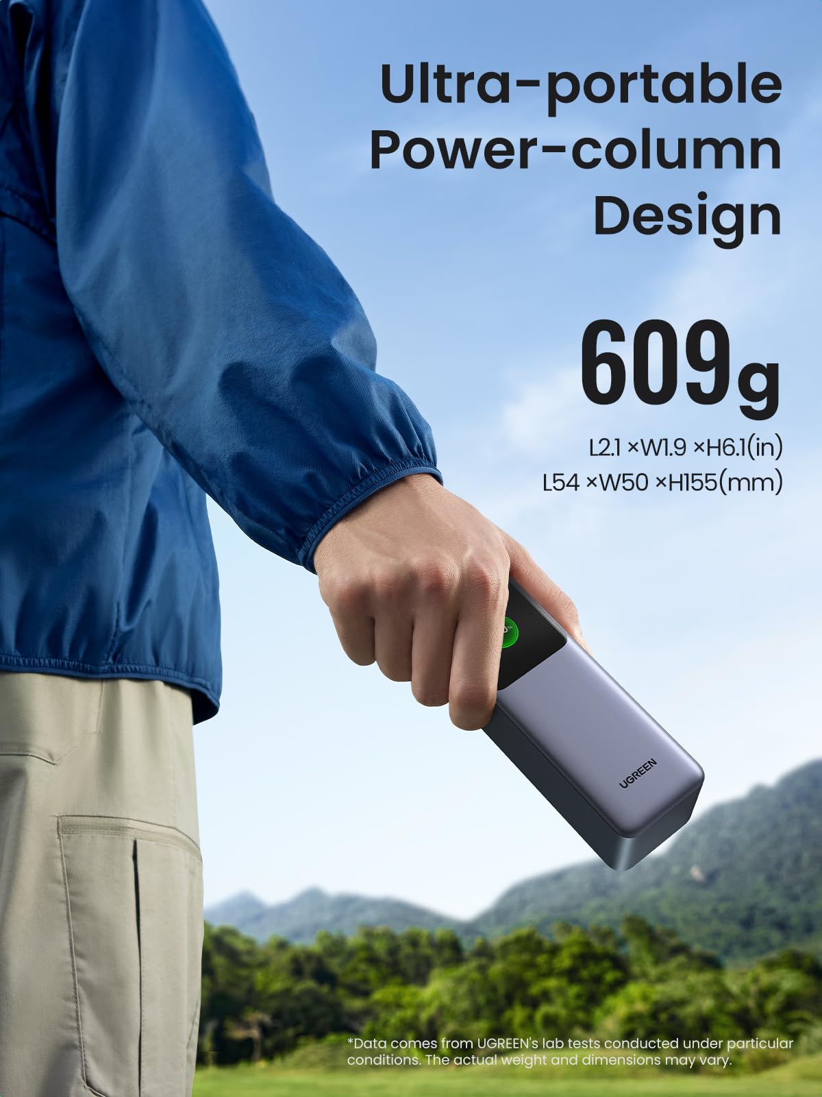 UGREEN Nexode Power Bank 25000mAh 200W portable charger features an ultra-portable power-column design, weighing about 609 grams and fitting easily into a backpack for outdoor and travel use.