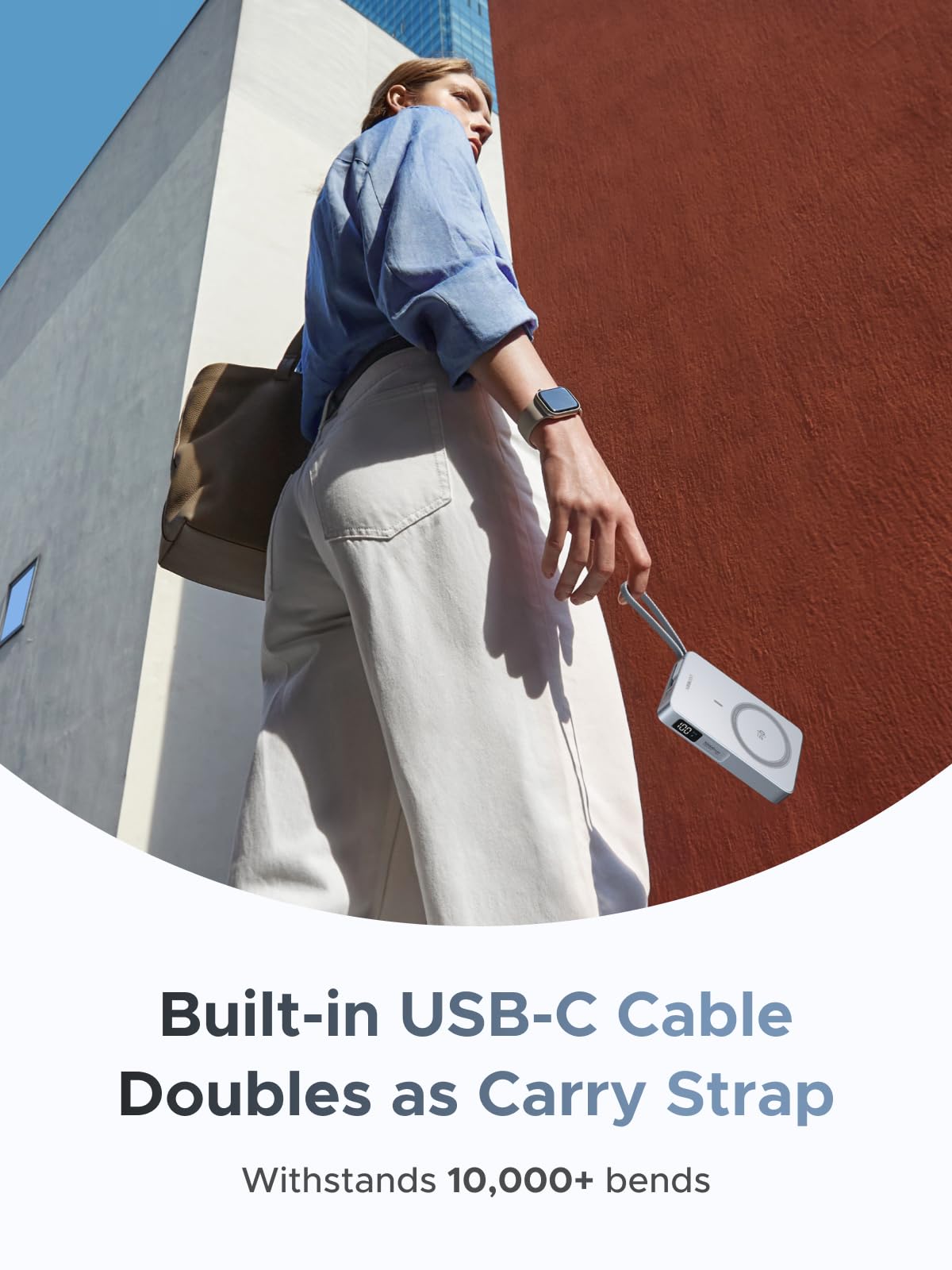 The UGREEN MagFlow Magnetic Wireless Power Bank (10000mAh, Qi2 25W, MagSafe-compatible) is a portable charger featuring a built-in USB-C cable that doubles as a carry strap and is engineered to withstand over 10,000 bends for reliable daily use.