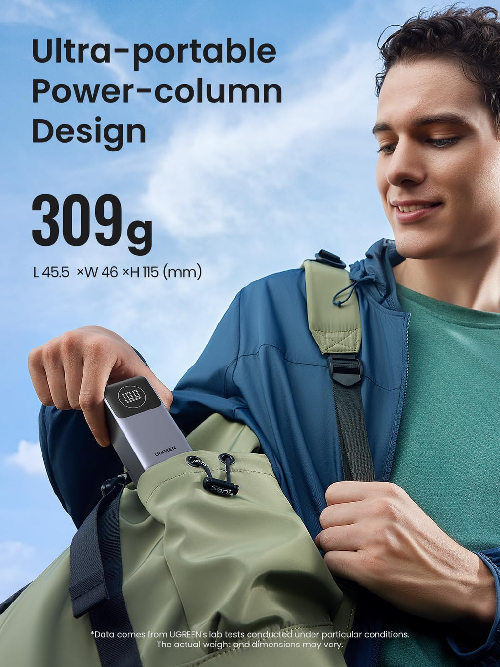 UGREEN Nexode Power Bank 12000mAh 100W portable charger features an ultra-portable power-column design, weighing about 309 grams and fitting easily into a backpack for outdoor and travel use.