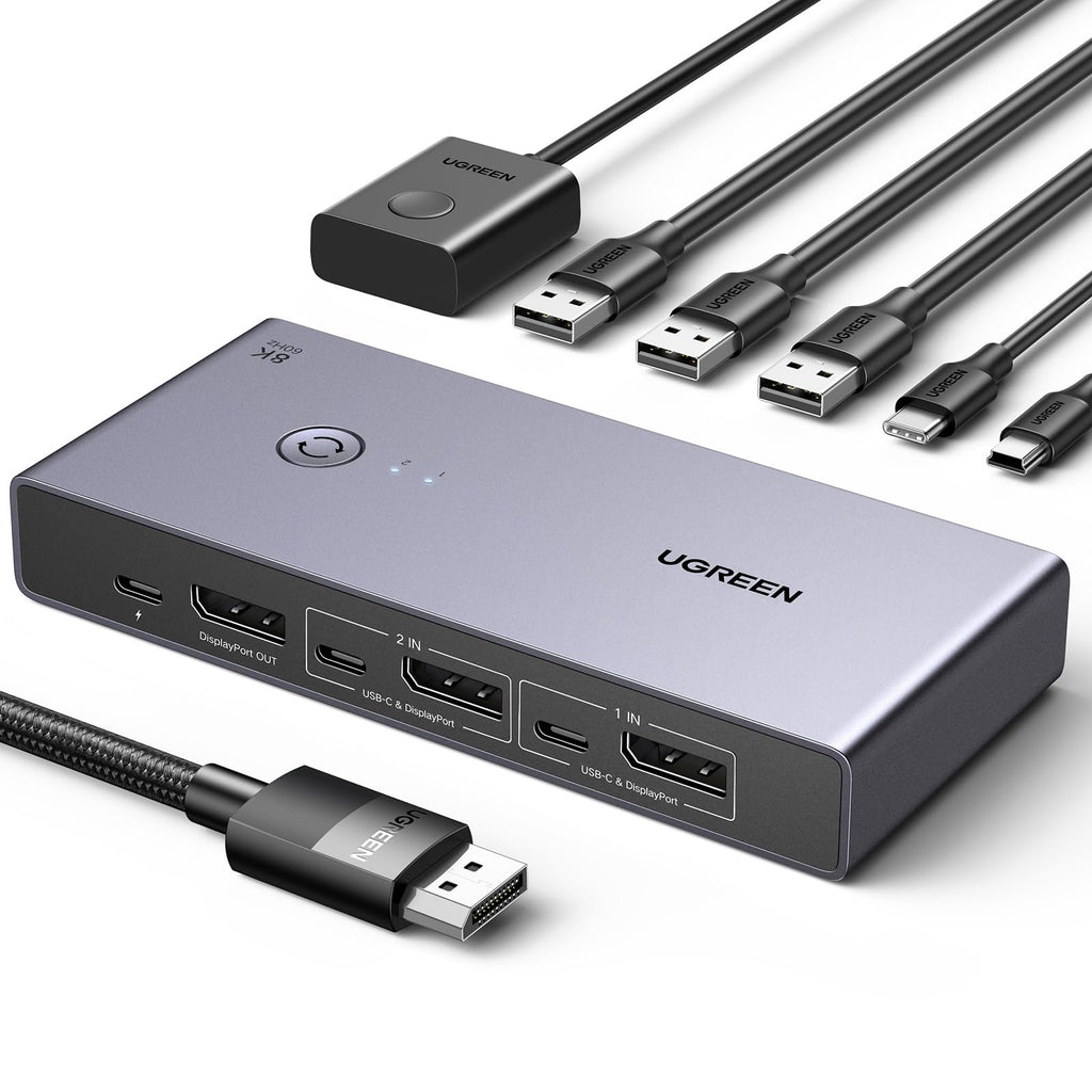 UGREEN 8K@60Hz Displayport KVM Switch 2 PC 1 Monitor with 2 DP Cables