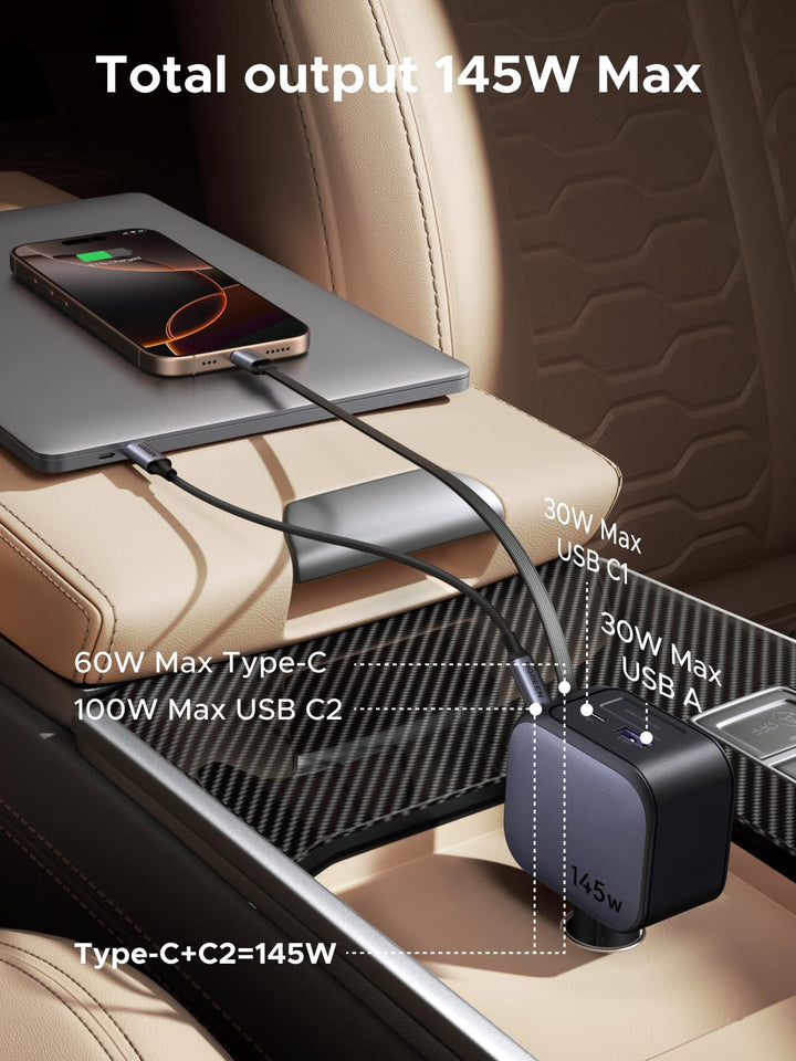 UGREEN Nexode Car Charger 145W with Retractable USB-C Cable and dual-port output delivers up to 145W total power, making it a reliable travel charger for powering multiple devices on the go.