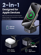 UGREEN MagFlow 2-in-1 Wireless Charger for Apple devices, fully magsafe compatible, delivering Qi2 15W wireless charging for iPhone and 5W charging for AirPods with a strong magnetic alignment for secure and efficient dual-device charging.