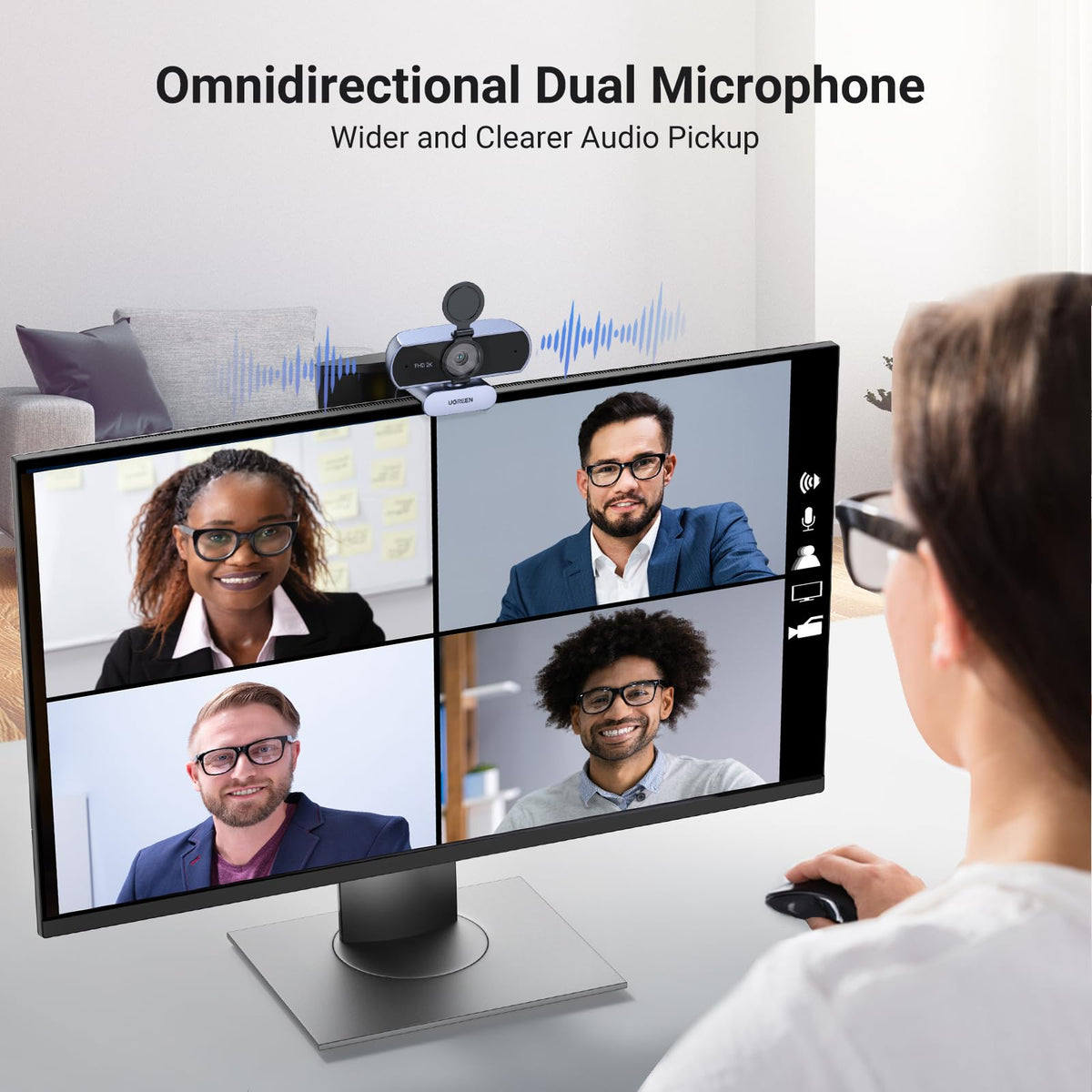 UGREEN 2K Webcam with Microphone, Dual Stereo Mics, Low Light Correction, Web Cam with Privacy Cover, Plug & Play, Camera for PC, Mac, Laptop, Zoom, Skype, Streaming, Video Calling & Conferences