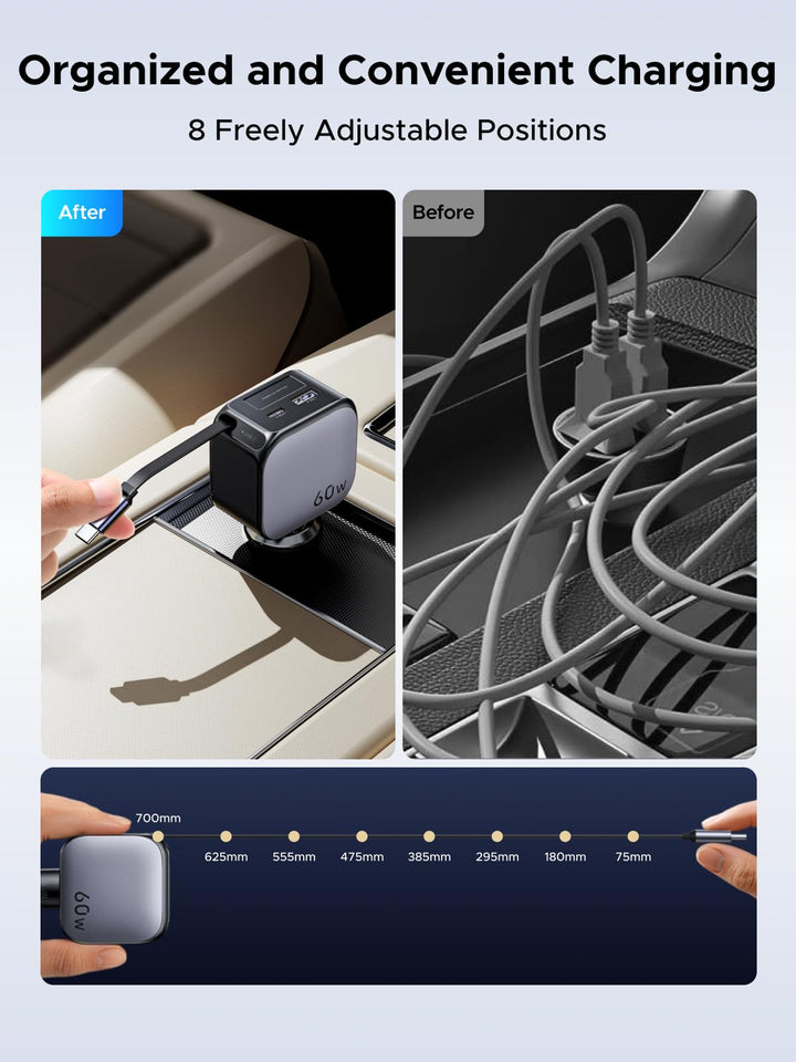 UGREEN Nexode 60W Car Charger with Retractable USB-C Cable ensures neat and convenient charging in the car with 8 adjustable cable lengths, ideal for flexible cable management on the go.