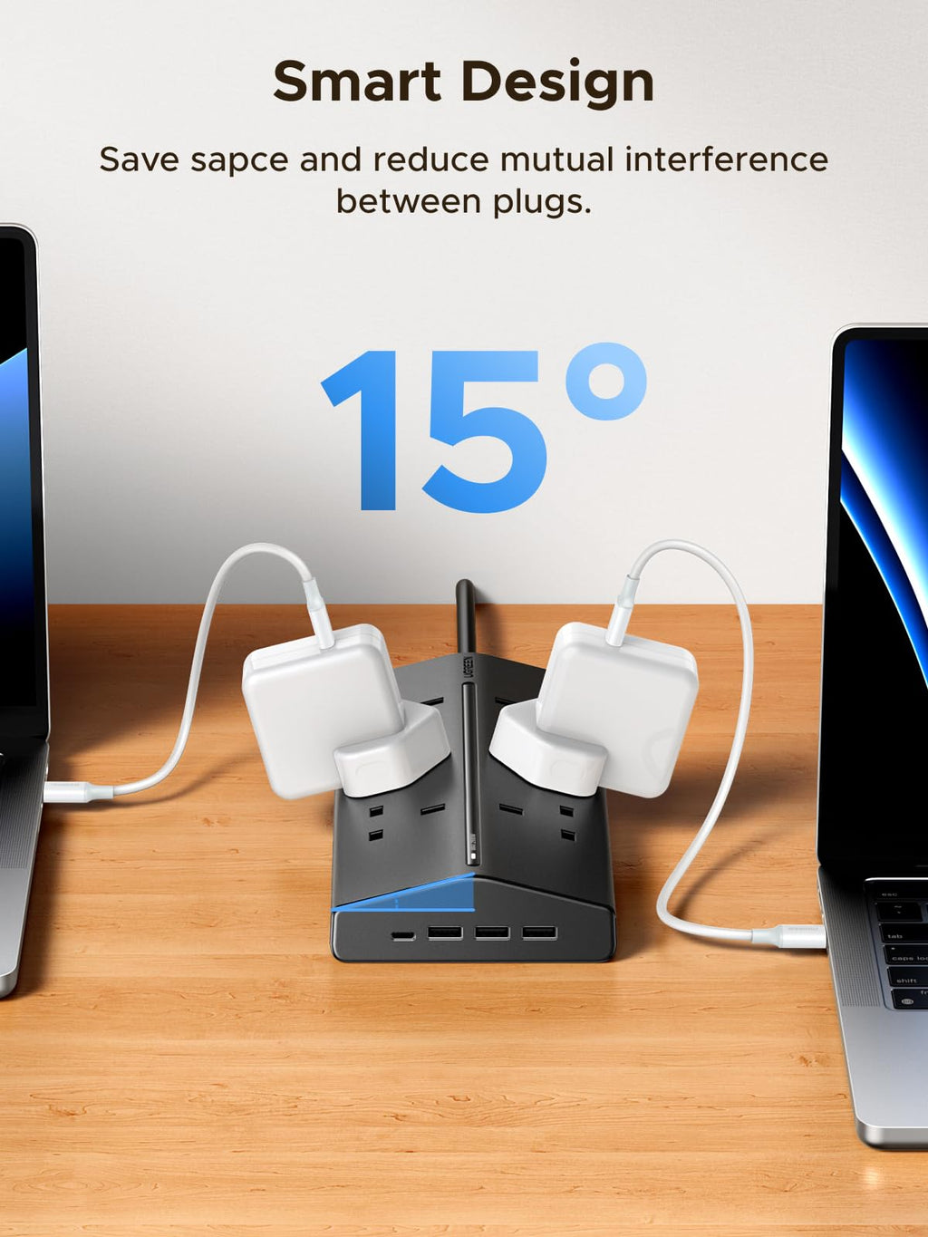 UGREEN Extension Lead 1.5M, 6 Way Power Strip with 3 USB-A & 1 USB-C