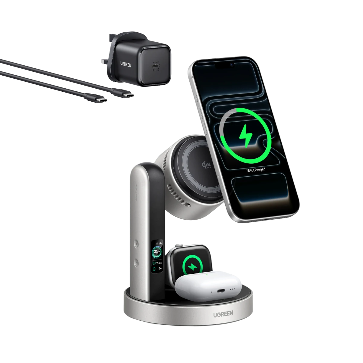 UGREEN MagFlow Pro Magnetic Wireless Charging Stand (3-in-1, Qi2 25W)