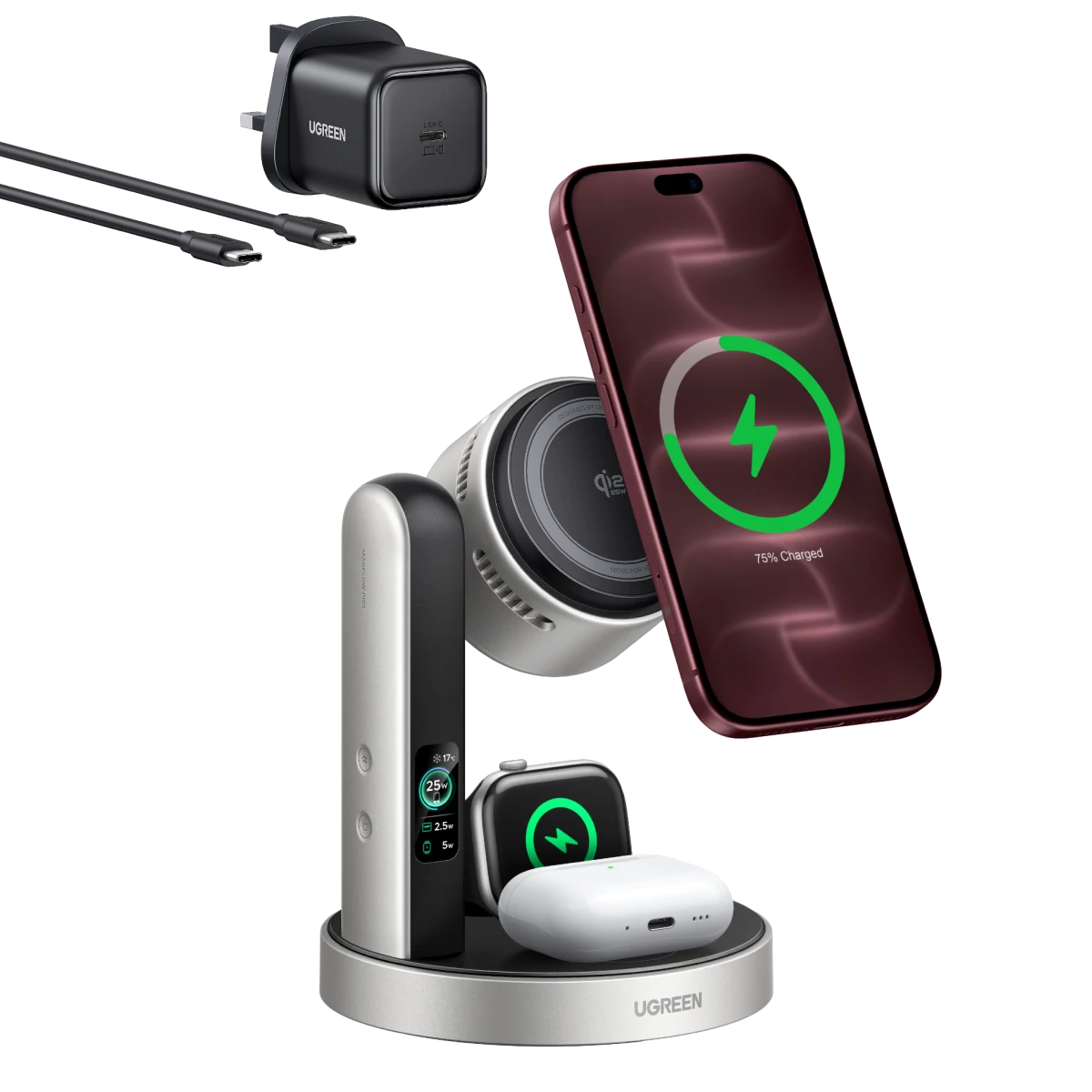 UGREEN MagFlow Pro Magnetic Wireless Charging Stand (3-in-1, Qi2 25W)