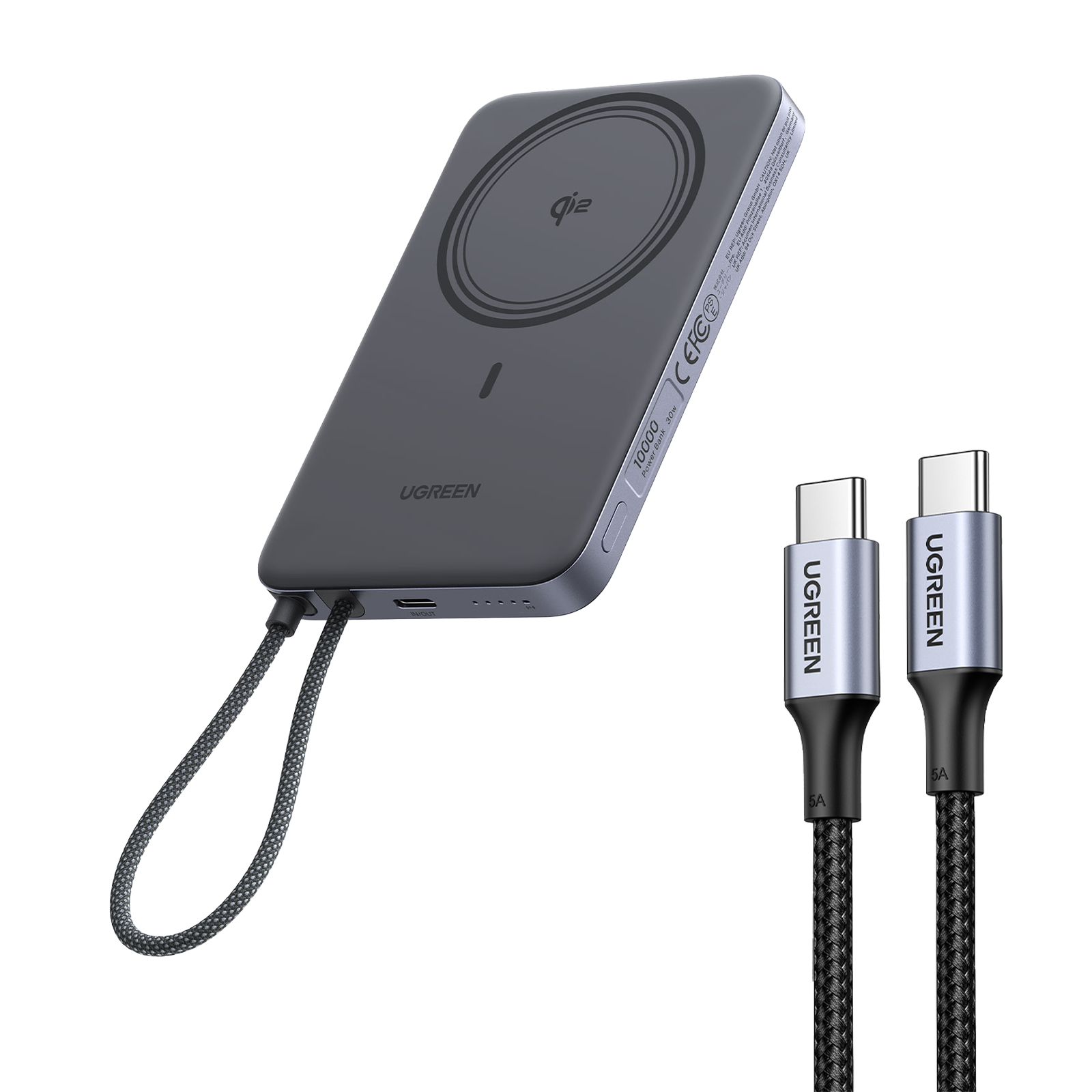 UGREEN MagFlow Air Magnetic Power Bank (10000mAh, Qi2 15W) and 60W Charging Cable（1M）