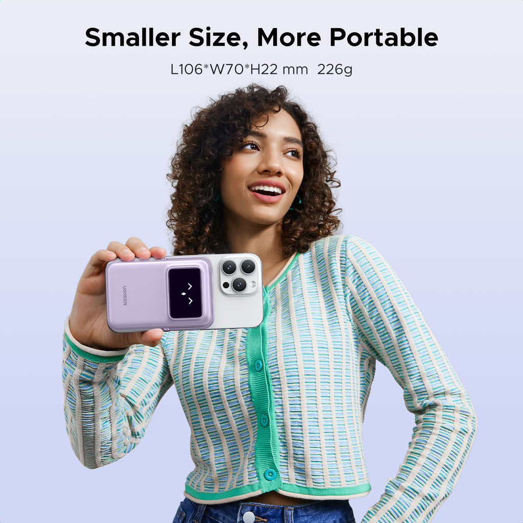 UGREEN Uno Magnetic Wireless Power Bank 10000mAh 7.5W is a portable charger that features a compact and lightweight design measuring 106 × 70 × 22 mm and weighing only 226 g, making it easy to carry for everyday use.