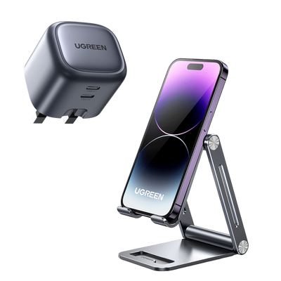 Ugreen Bundle for Phone: Ugreen Nexode 45W GaN Charger + Aluminum Foldable Phone Stand