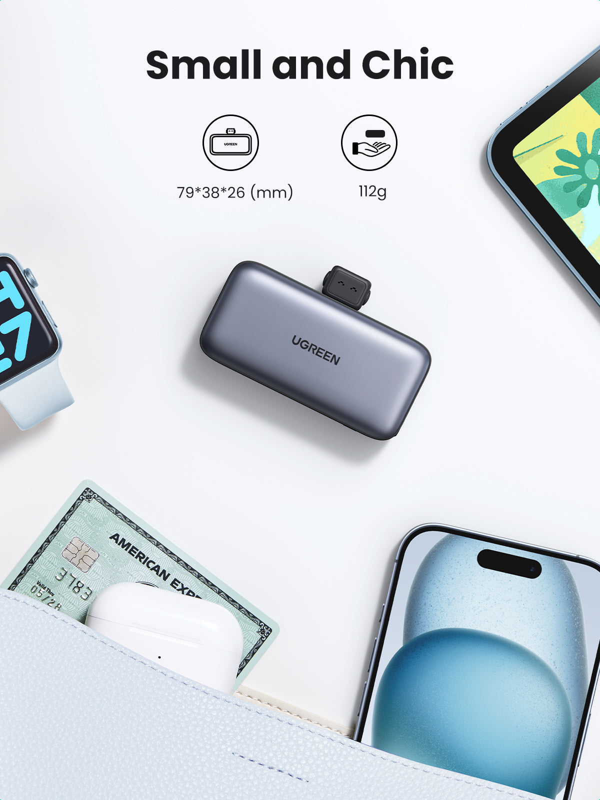 UGREEN Power Bank (5000mAh 22.5W, Mini, Cable Free) is designed as a lightweight portable charger with a slim body that easily fits in a pocket or bag, making it ideal for daily carry and emergency backup power.