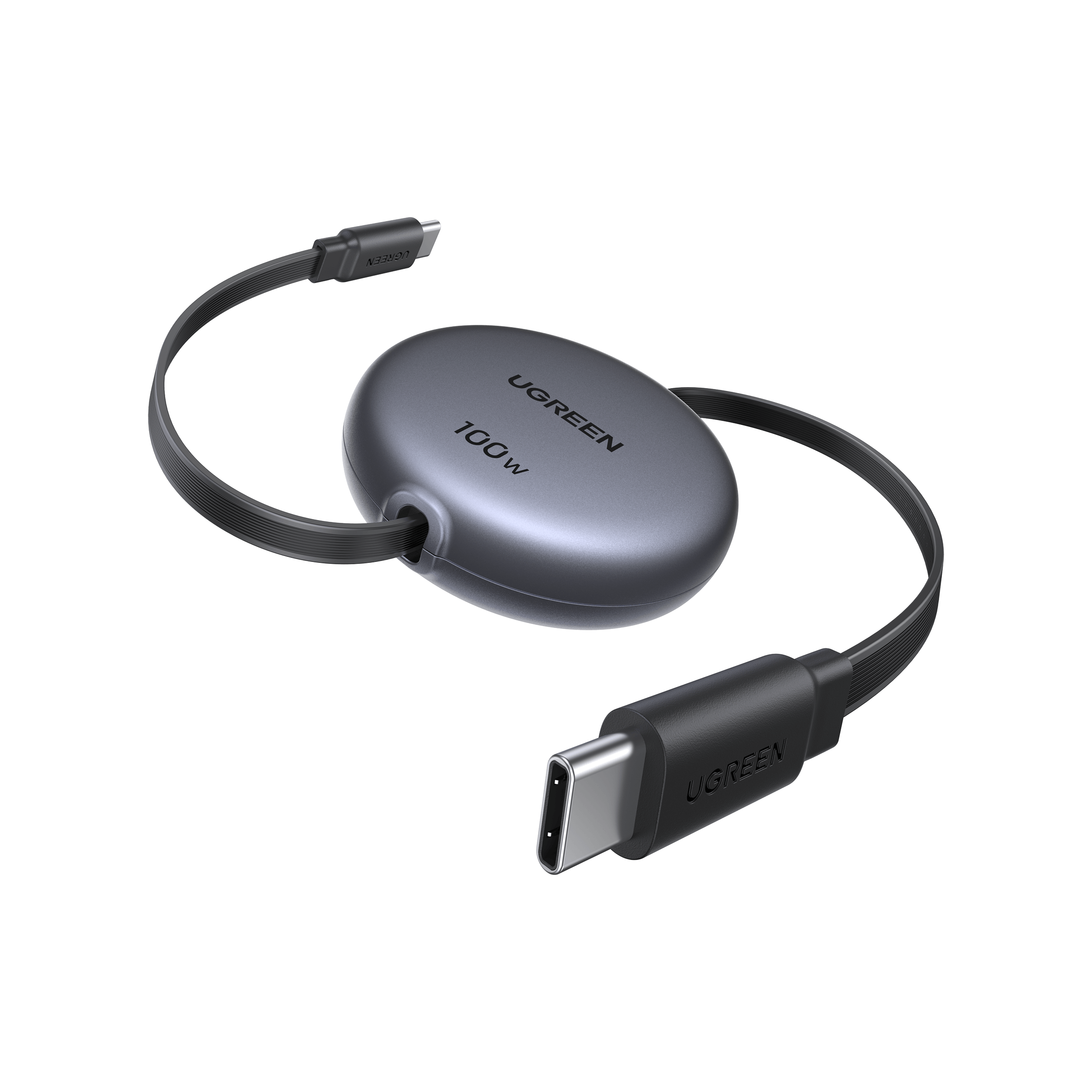 UGREEN Nexode Retractable USB-C Cable 100W with smart E-marker chip, supports super-fast 100W charging, lightweight portable design, durable construction tested for over 25,000 retractions, and easy-to-use 4-level length adjustment for tangle-free convenience.