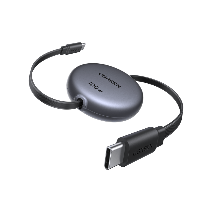 UGREEN Nexode Retractable USB-C Cable 100W with smart E-marker chip, supports super-fast 100W charging, lightweight portable design, durable construction tested for over 25,000 retractions, and easy-to-use 4-level length adjustment for tangle-free convenience.