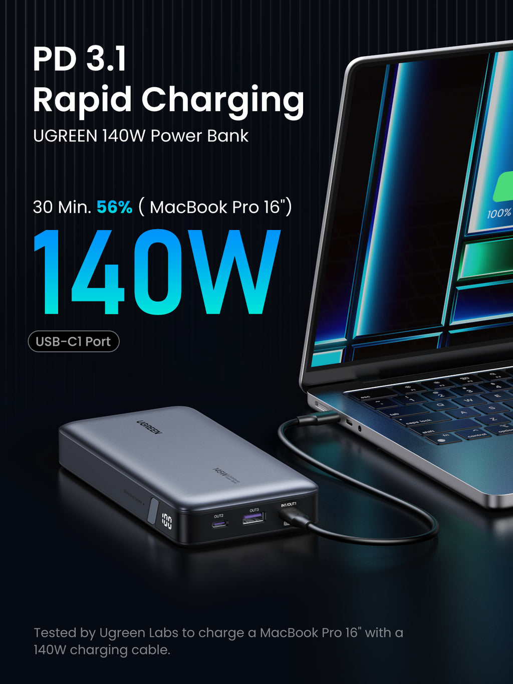 The UGREEN Nexode Power Bank 25000mAh 145W is a powerful portable charger that delivers PD 3.1 fast charging up to 145W, efficiently powering laptops like the MacBook Pro on the go.