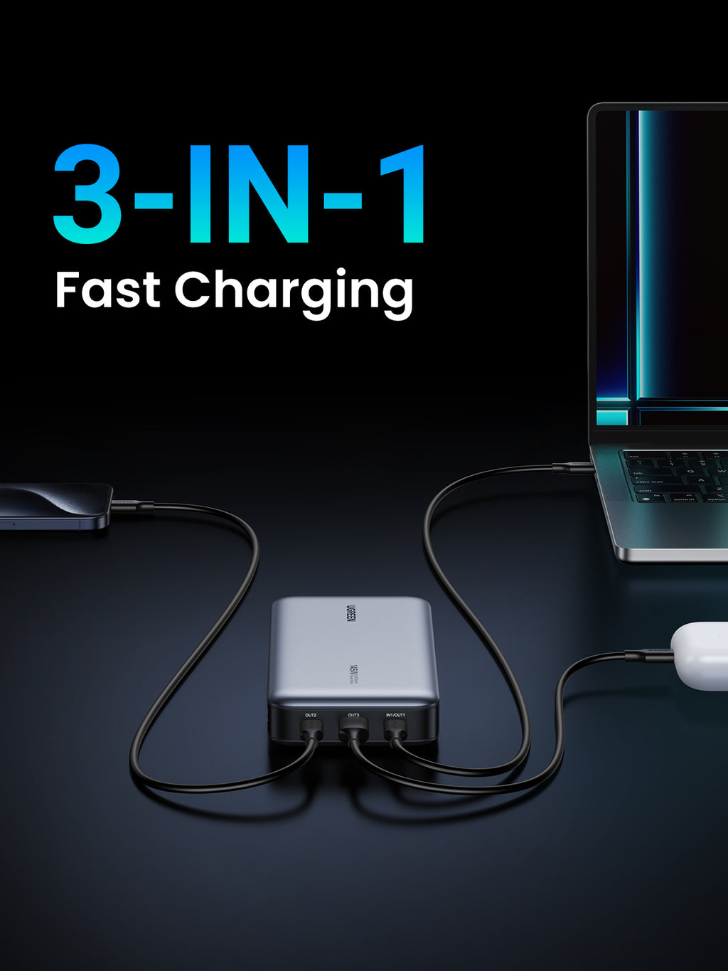Designed for efficiency, the UGREEN Nexode Power Bank 25000mAh 145W acts as a portable charger that supports 3-in-1 fast charging for multiple devices at the same time.