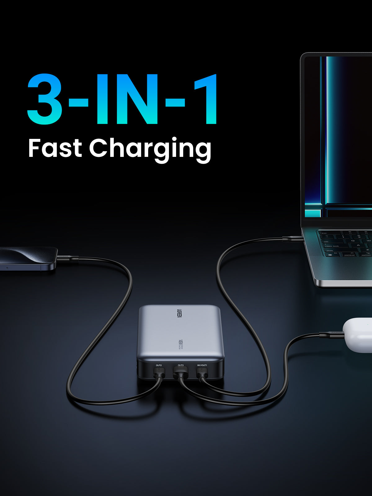 Designed for efficiency, the UGREEN Nexode Power Bank 25000mAh 145W acts as a portable charger that supports 3-in-1 fast charging for multiple devices at the same time.