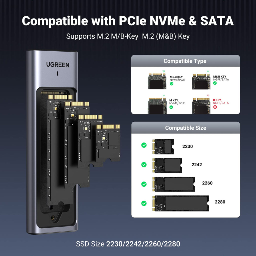 Ugreen 10Gbps M.2 NVMe SATA SSD Hard Drive Enclosure With 2 Cables - UGREEN-90408
