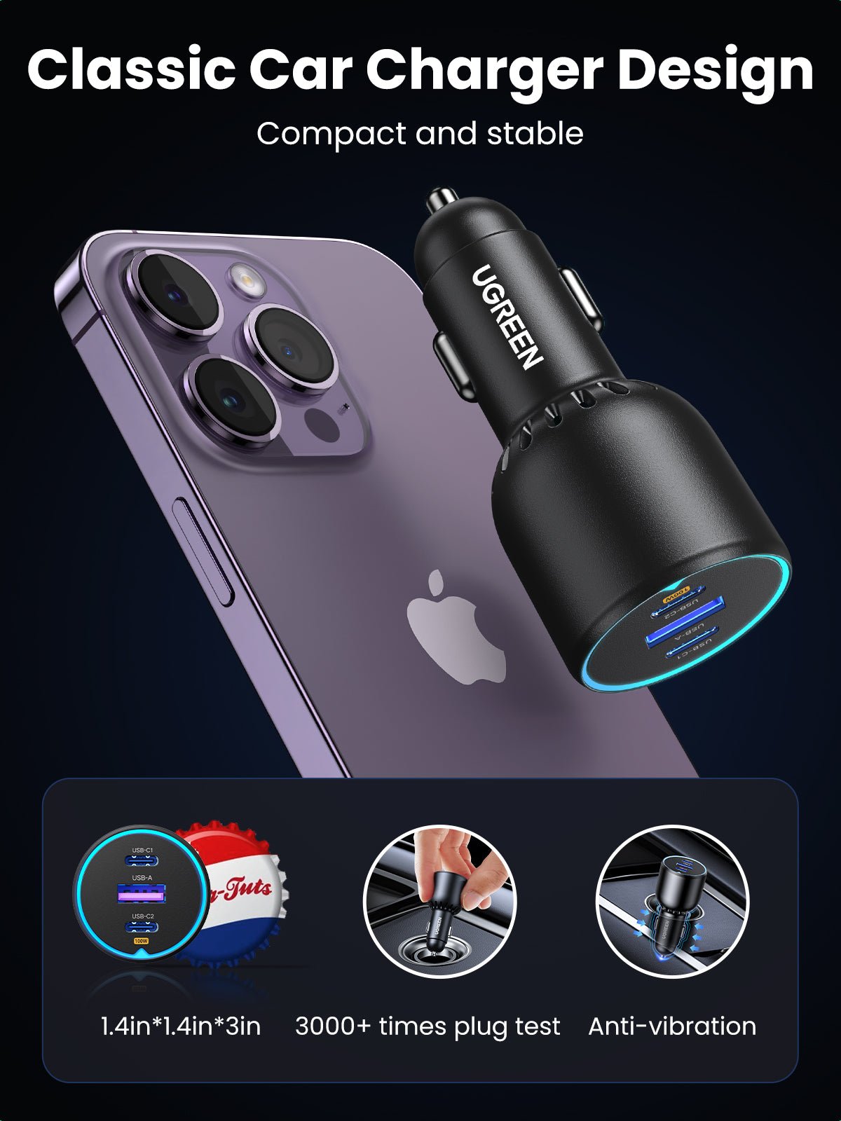 Ugreen 130W PD Car Charger 3 Ports with 100W USB-C Cable - UGREEN - 90889