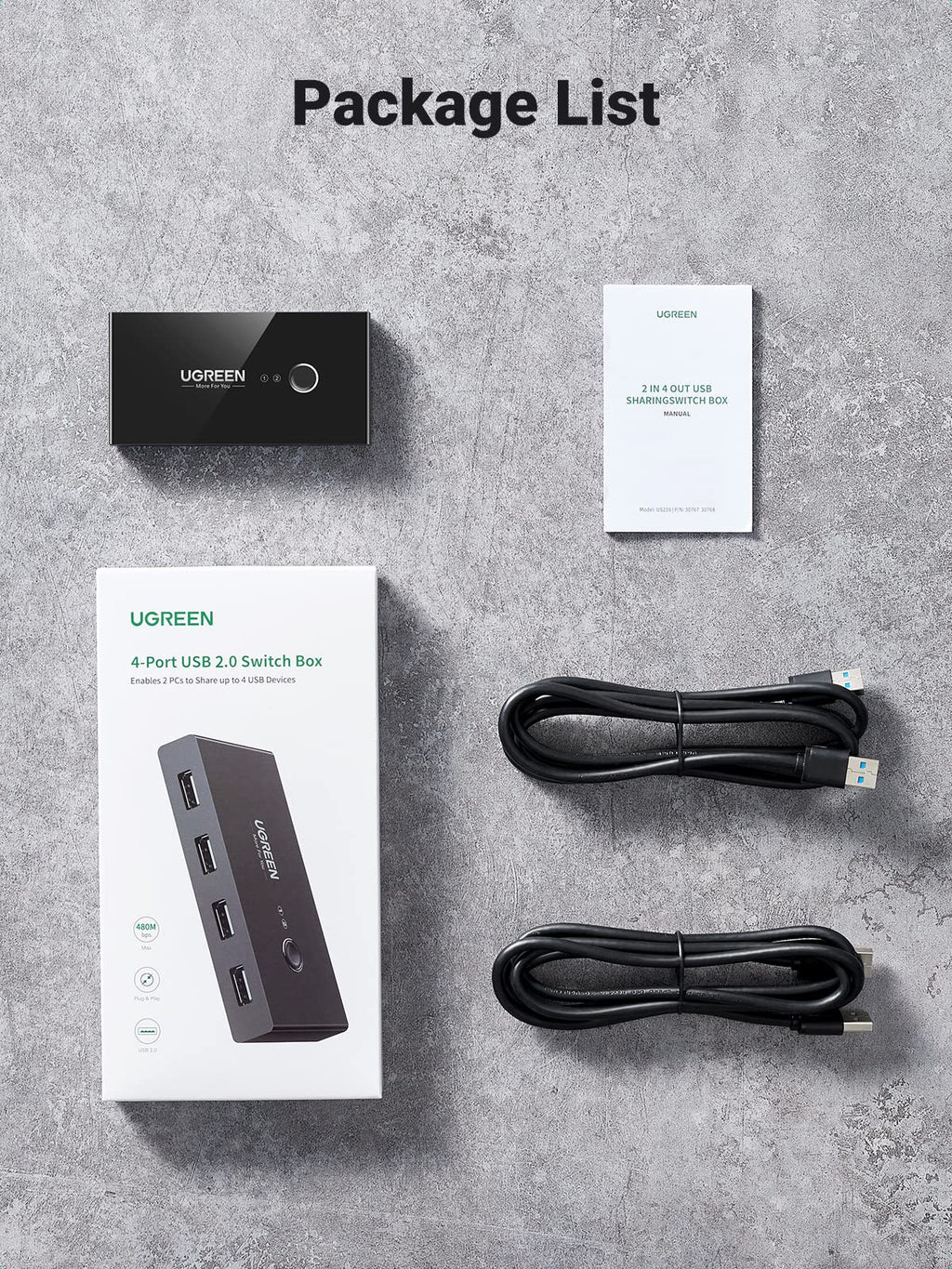 Ugreen 2 In 4 Output USB KVM Switch with 2 Pack 1.5M USB 2.0 A to A Cable - UGREEN-30767
