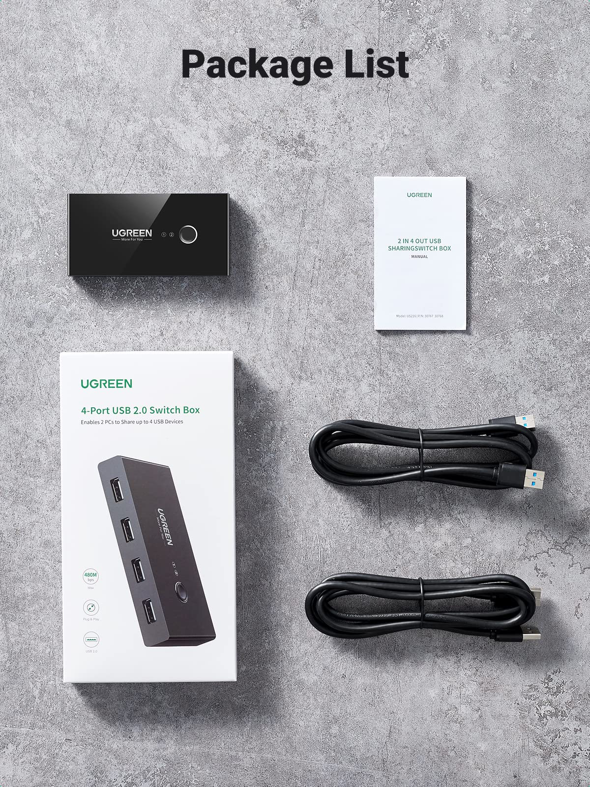 Ugreen 2 In 4 Output USB KVM Switch with 2 Pack 1.5M USB 2.0 A to A Cable - UGREEN-30767