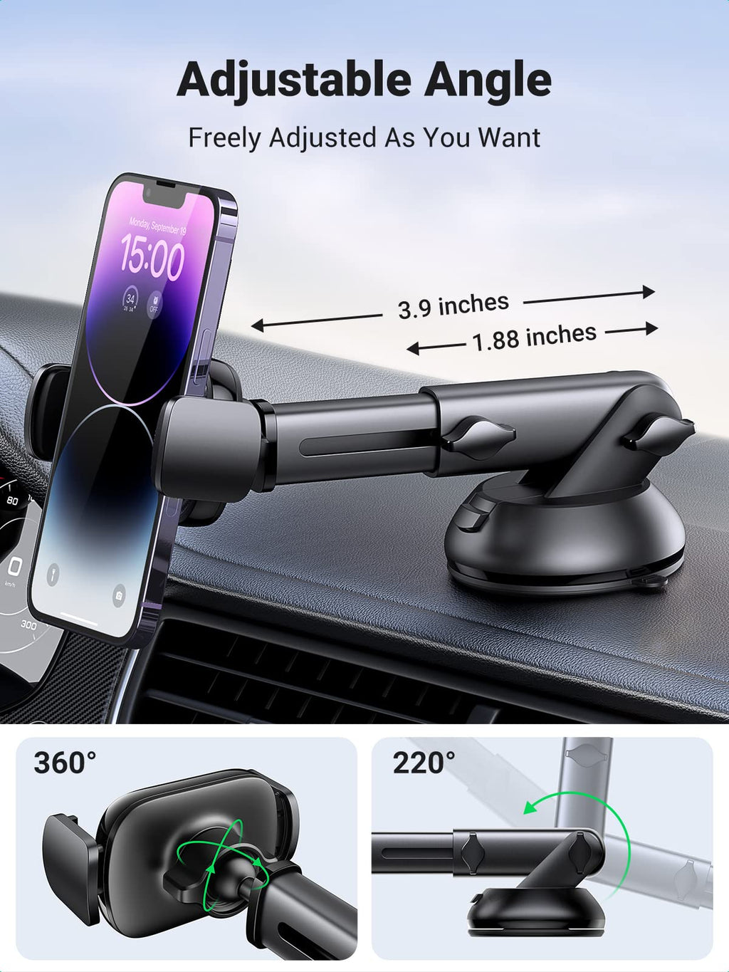 Ugreen 360° Adjustable Suction Cup Car Phone Holder (Black) - UGREEN-60991