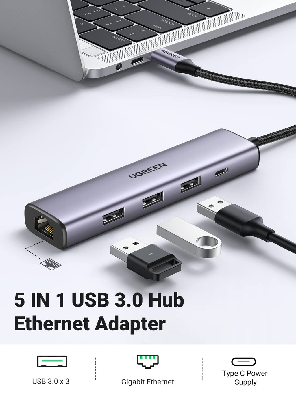 Ugreen 5-in-1 USB 3.0 Hub with Ethernet Adapter - Driver-Free - UGREEN - 60554