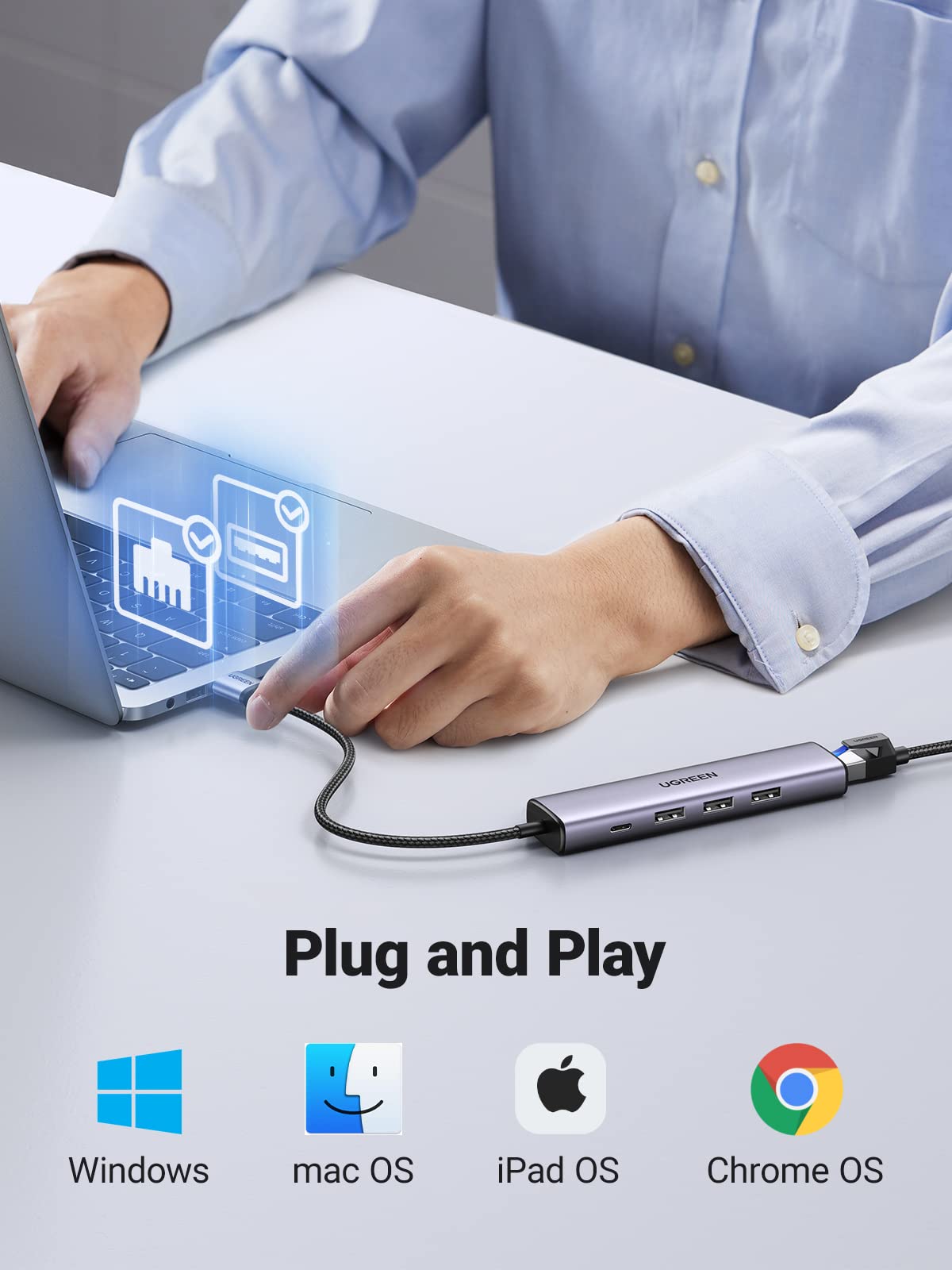 Ugreen 5-in-1 USB 3.0 Hub with Ethernet Adapter - Driver-Free - UGREEN - 60554