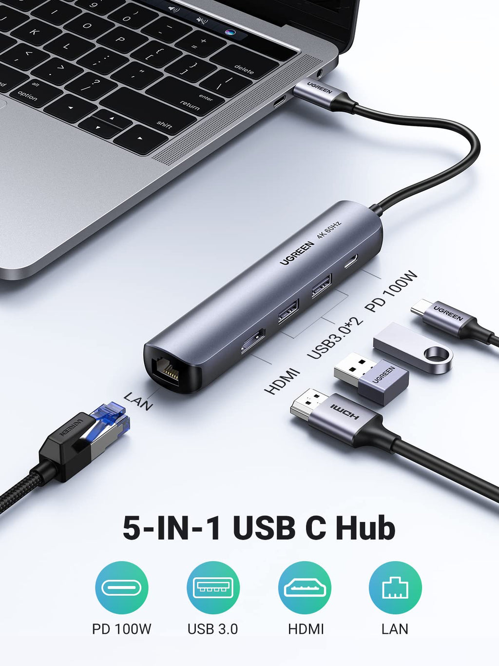 Ugreen 5-in-1 USB-C Hub (4K@60Hz HDMI, RJ45 Ethernet) - UGREEN-10919
