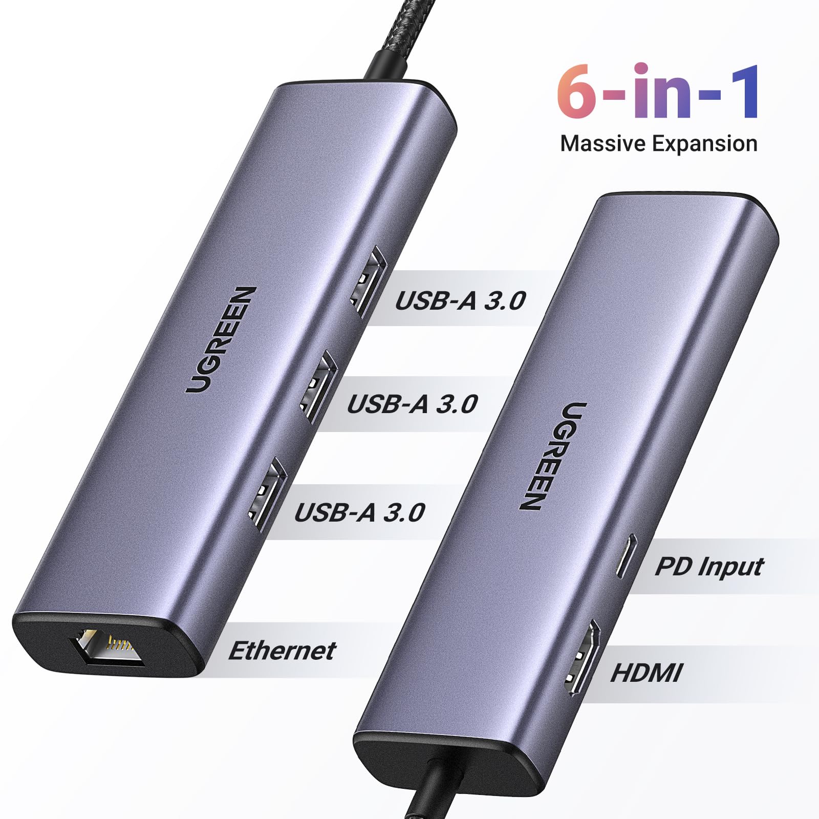 Ugreen 6-in-1 USB-C Hub (100W PD, 4K@30Hz HDMI) - UGREEN-15598