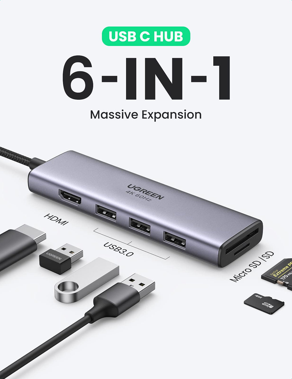 Ugreen 6-in-1 USB-C Hub (4K@60Hz HDMI, 3 USB 3.0) - UGREEN-60383