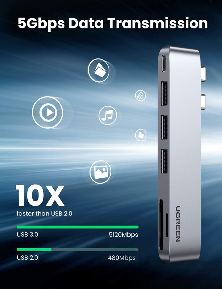 Ugreen 6-in-2 USB-C Hub (3 USB 3.0, Thunderbolt 3) - UGREEN-60560
