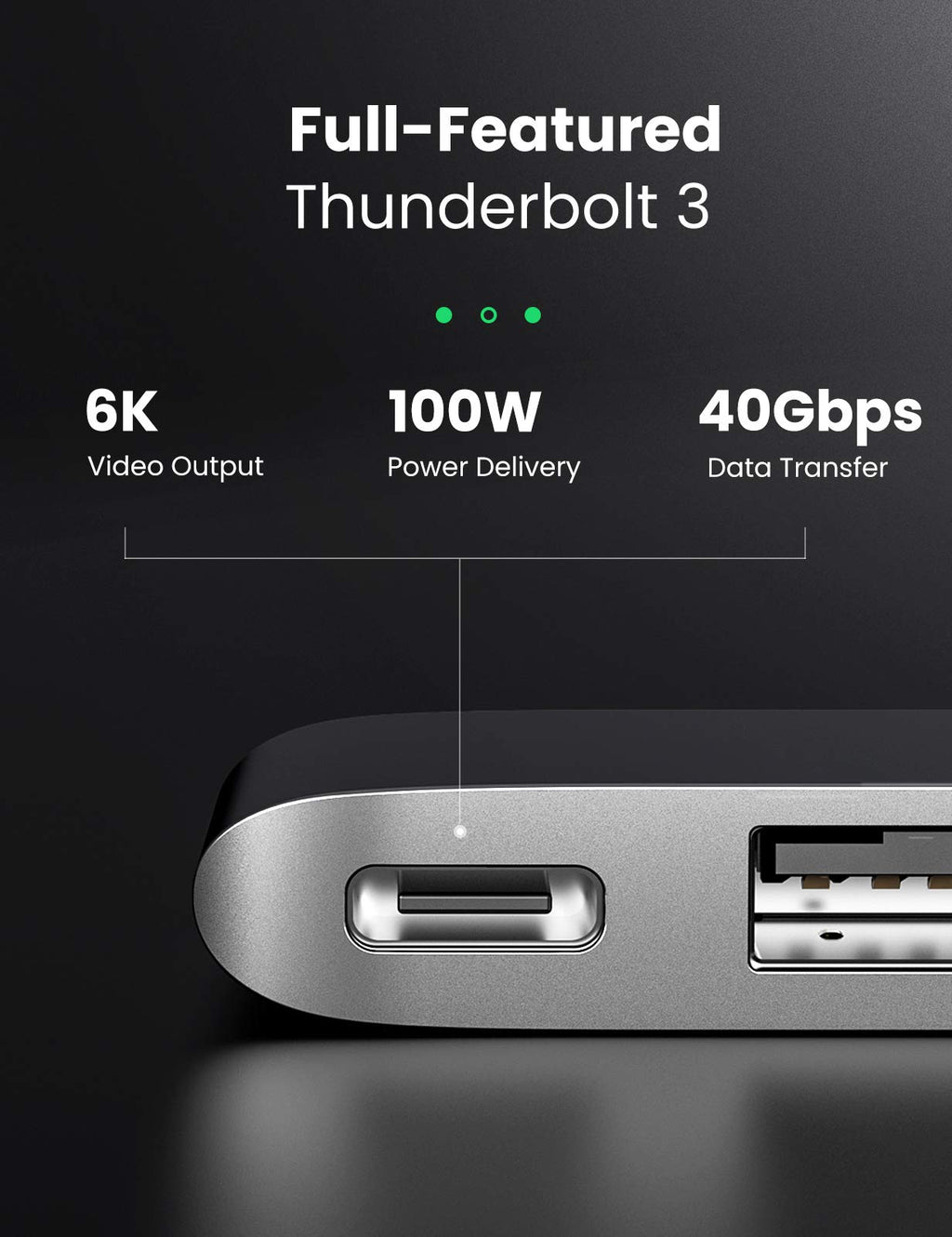 Ugreen 6-in-2 USB-C Hub (3 USB 3.0, Thunderbolt 3) - UGREEN-60560
