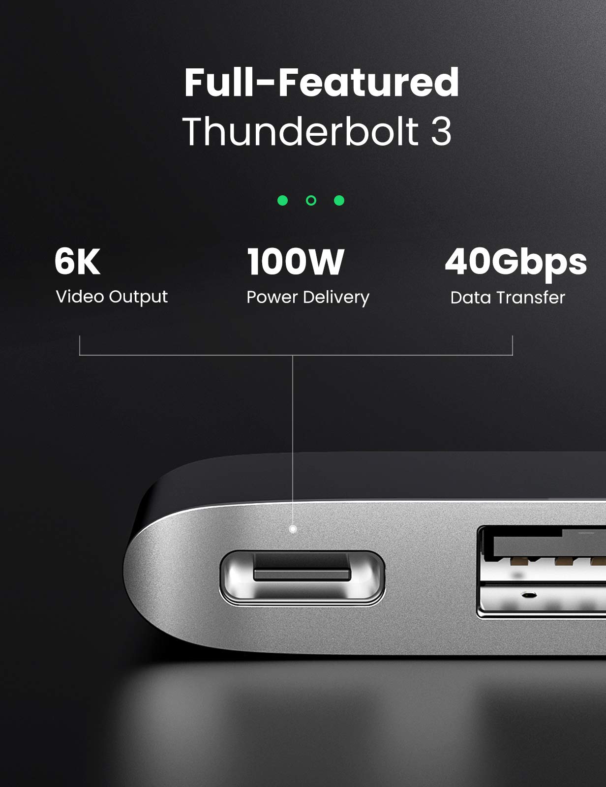 Ugreen 6-in-2 USB-C Hub (3 USB 3.0, Thunderbolt 3) - UGREEN-60560