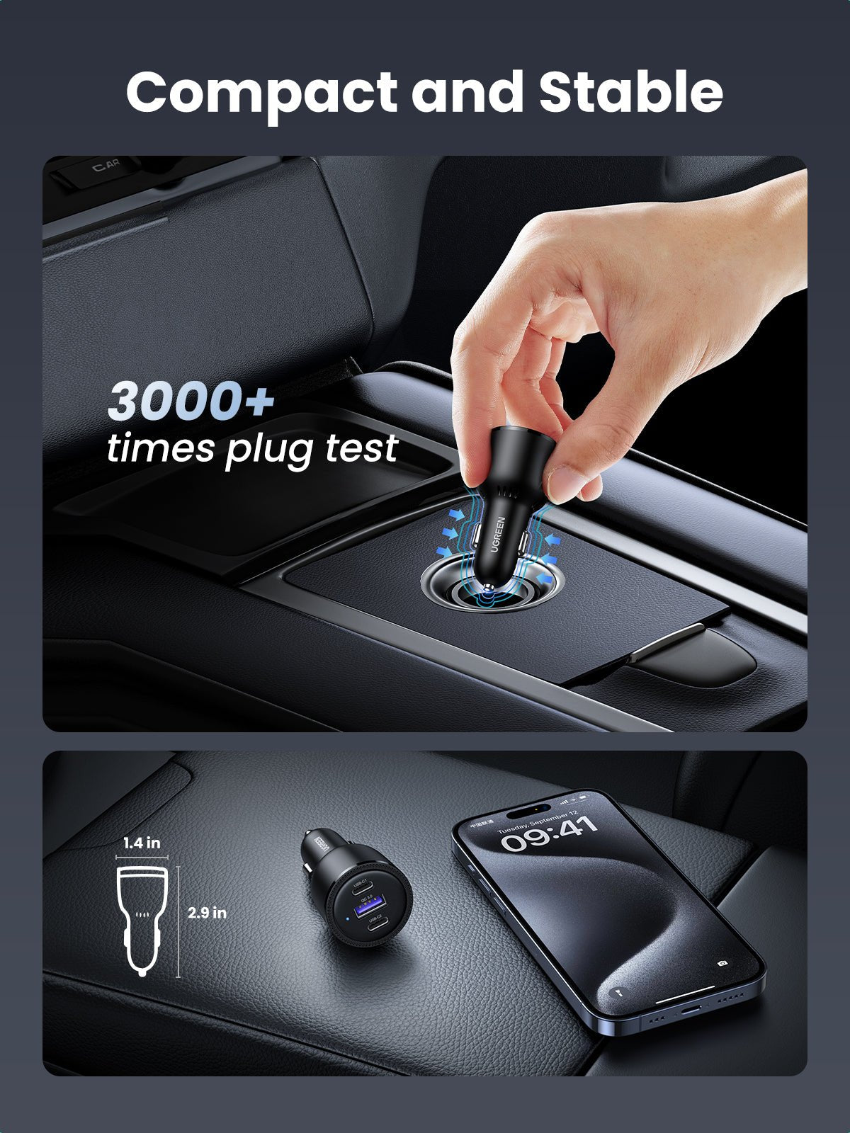 Ugreen 69W Fast Car Charger, 3 ports, PPS, PD3.0, QC3.0