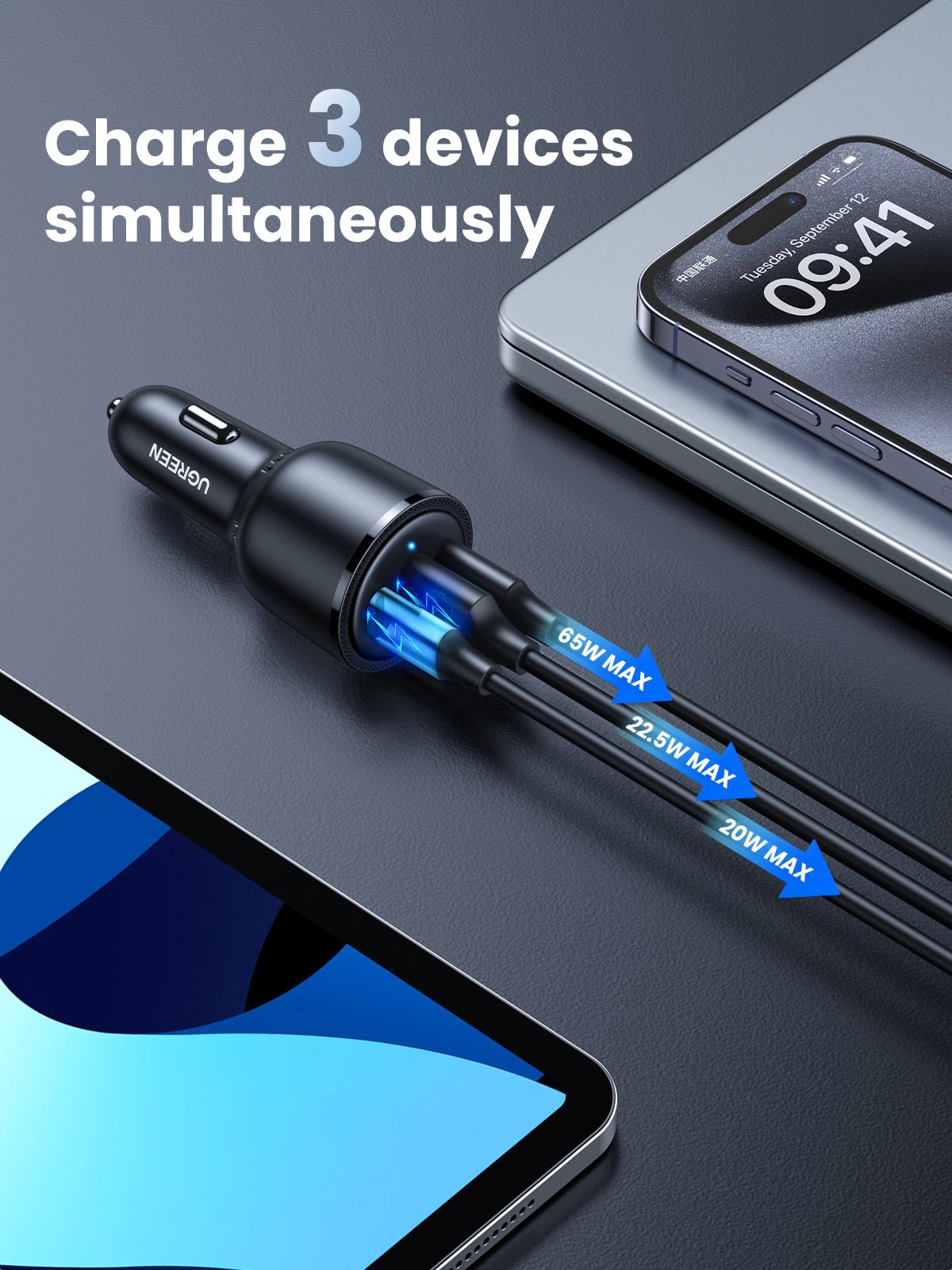 Ugreen 69W Fast Car Charger, 3 ports, PPS, PD3.0, QC3.0