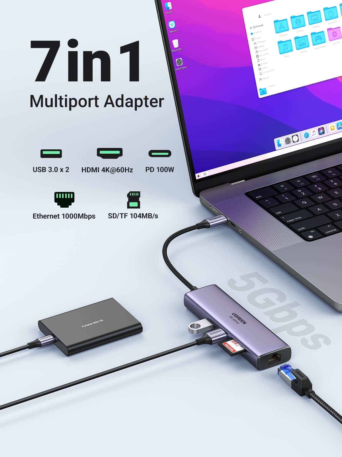 Ugreen 7-in-1 USB-C Hub (4K@60Hz HDMI, RJ45 Ethernet) - UGREEN-60515
