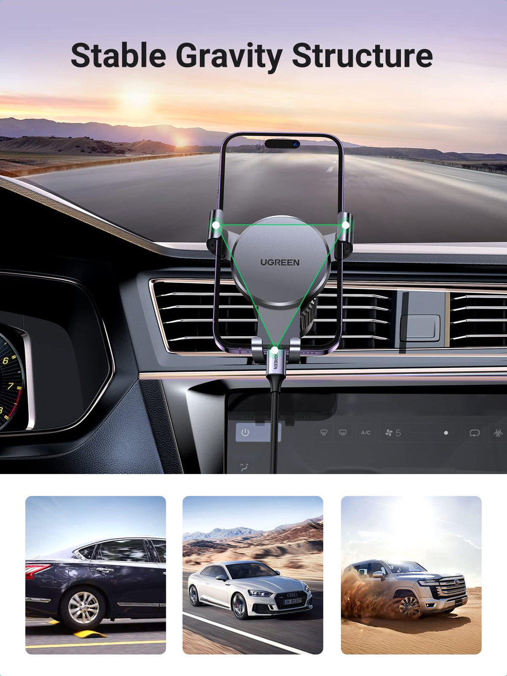 Ugreen Auto Lock 360° Adjustable Air Vent Car Phone Holder (Black) - UGREEN-15814