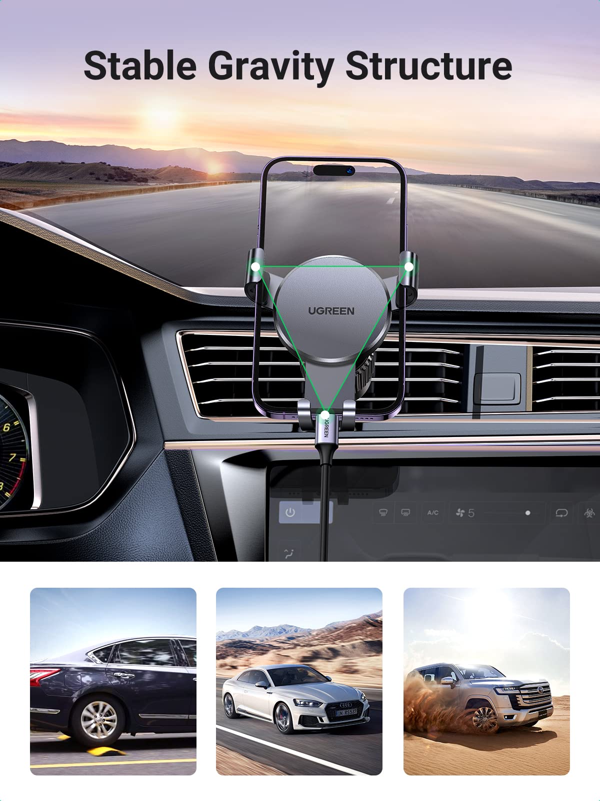 Ugreen Auto Lock 360° Adjustable Air Vent Car Phone Holder (Black) - UGREEN-15814