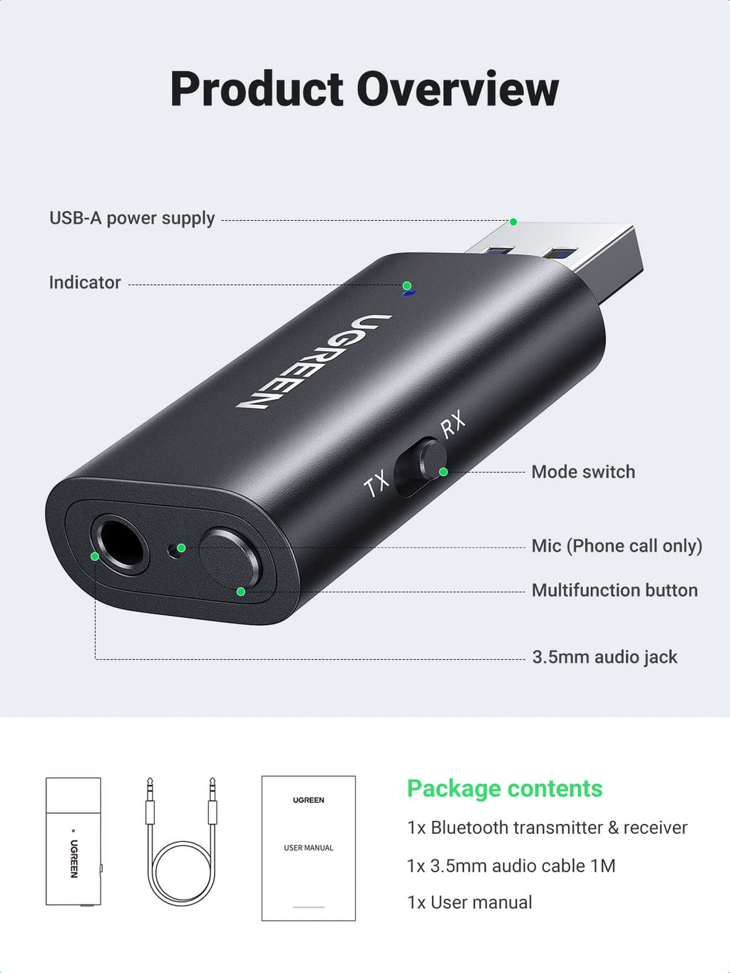 Ugreen Bluetooth 5.1 Transmitter & Receiver 2-in-1, Bluetooth Aux Adapter - UGREEN-60300
