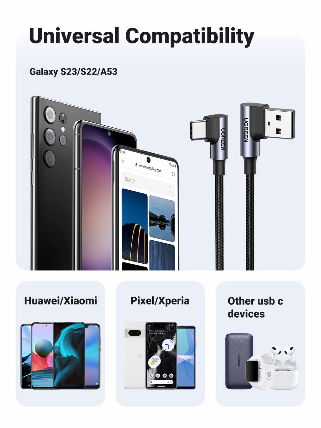 Ugreen Fast Charging Right Angle 3A 90 Degree Type C Charger Cable - UGREEN-20855