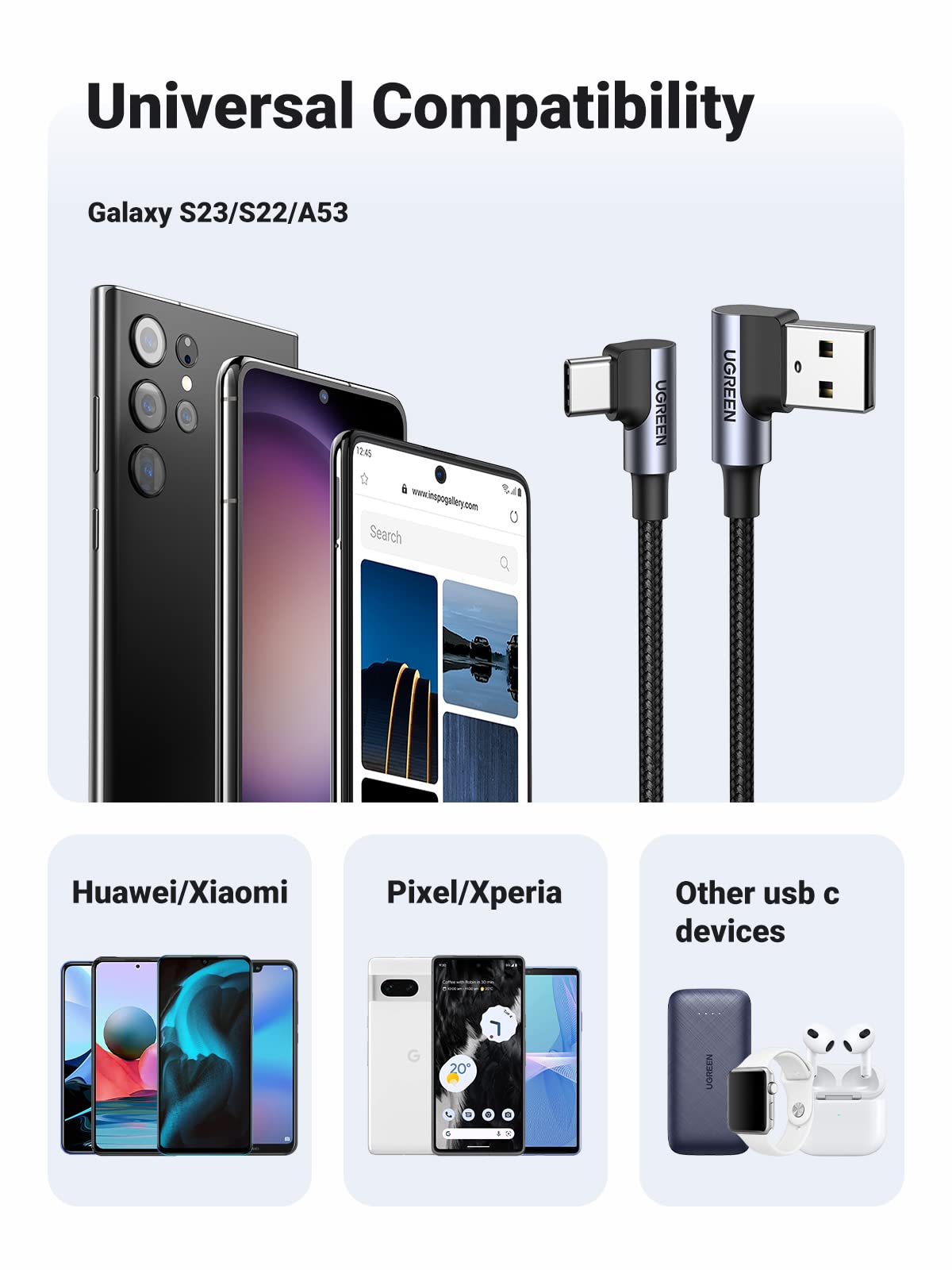 Ugreen Fast Charging Right Angle 3A 90 Degree Type C Charger Cable - UGREEN-20855