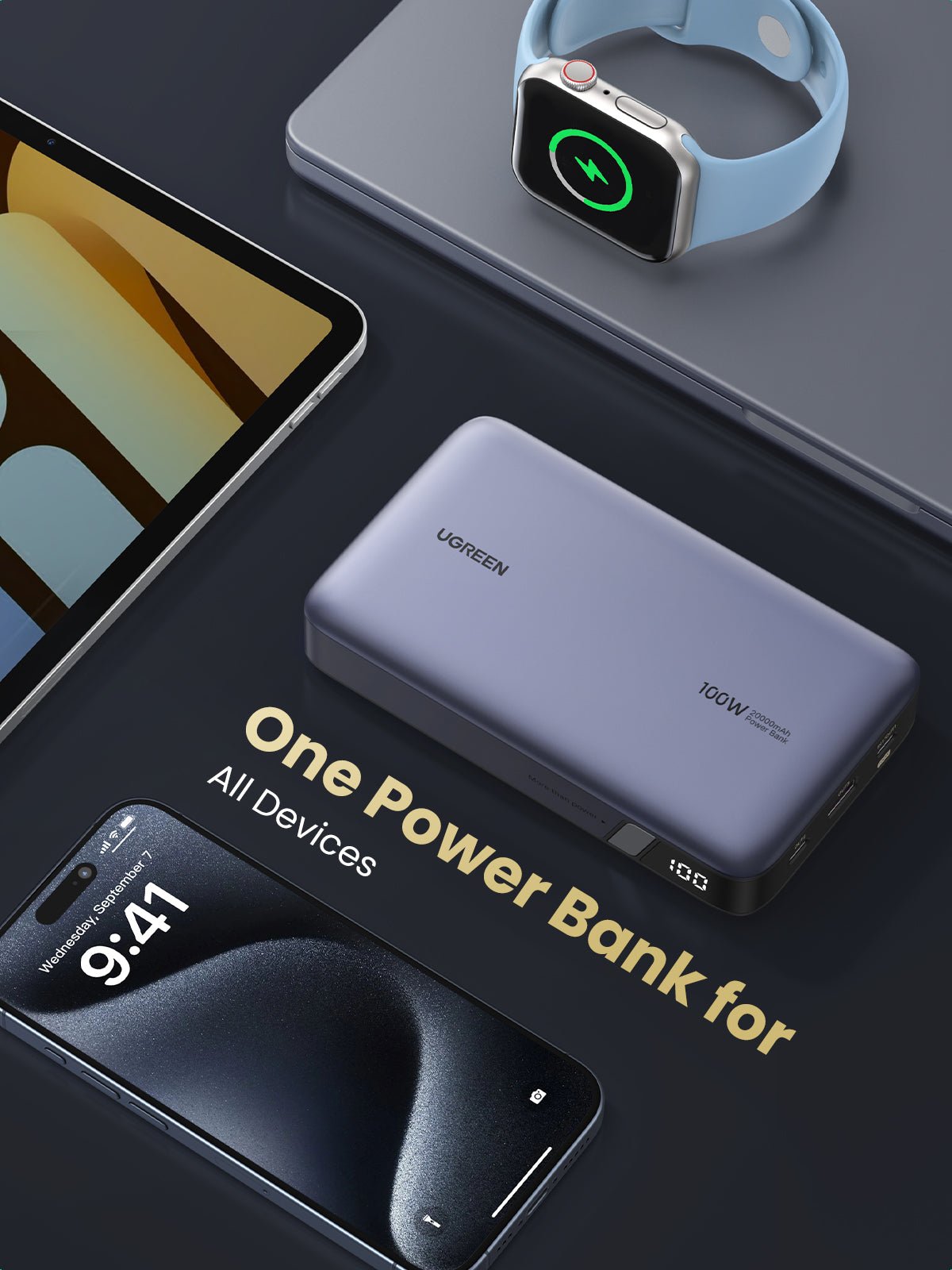 UGREEN Nexode Power Bank 20000mAh 100W serves as a portable charger for all your devices, supplying stable power for smartphones, tablets, smartwatches, earbuds, laptops, and gaming consoles with one compact power bank.