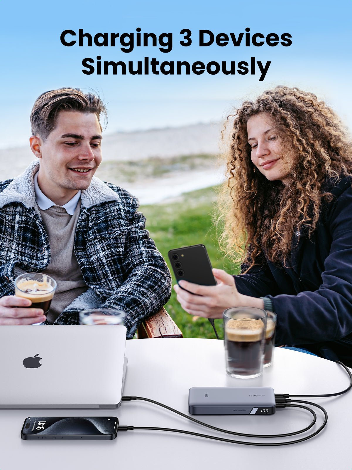 UGREEN Nexode Power Bank 20000mAh 100W works as a portable charger that can charge three devices simultaneously, making it ideal for outdoor use, social gatherings, and everyday scenarios where multiple devices need power at once.