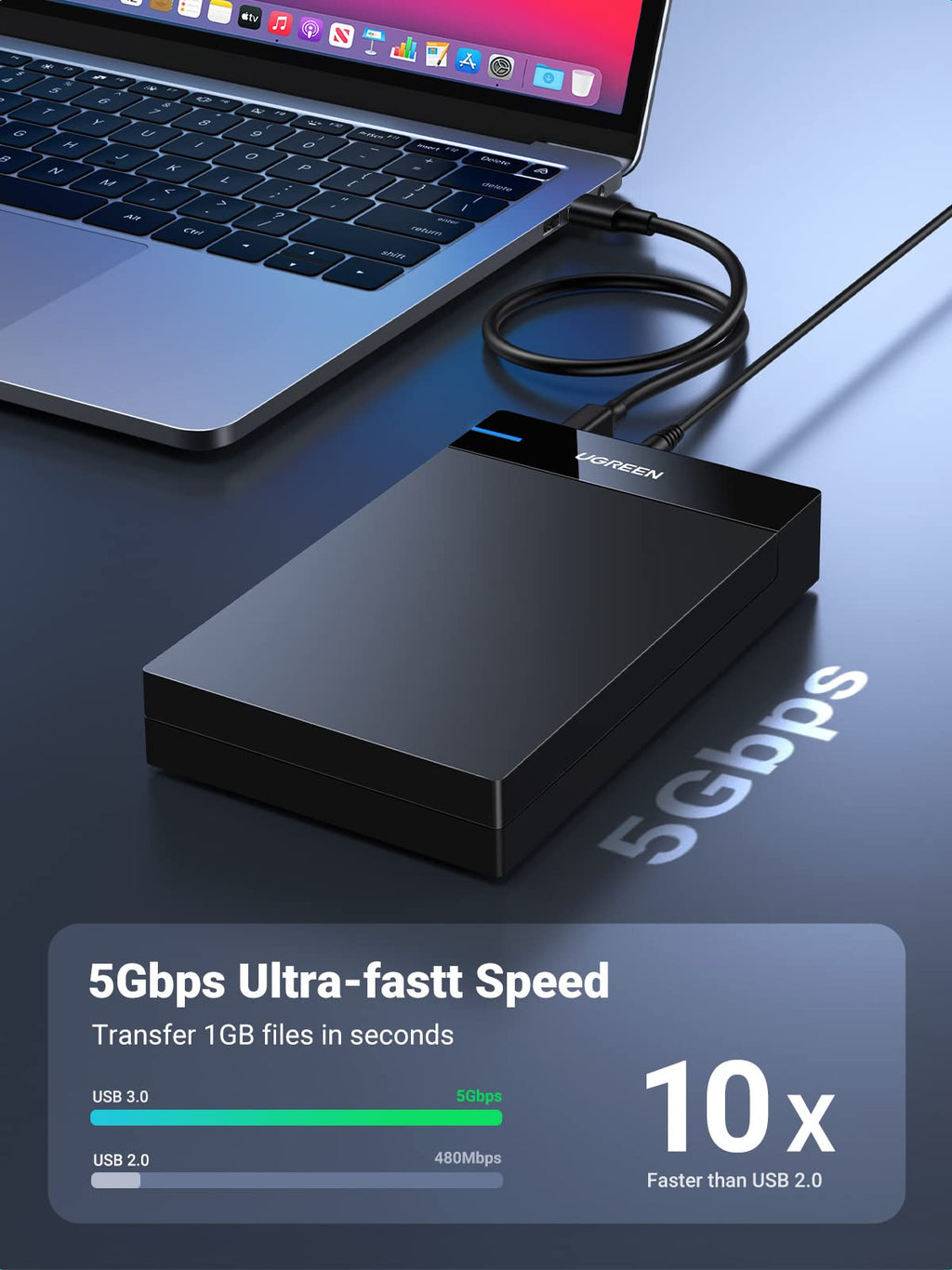 Ugreen USB 3.0 SATA HDD Enclosure - 16TB Support, Tool-free Docking Station - UGREEN - 50424