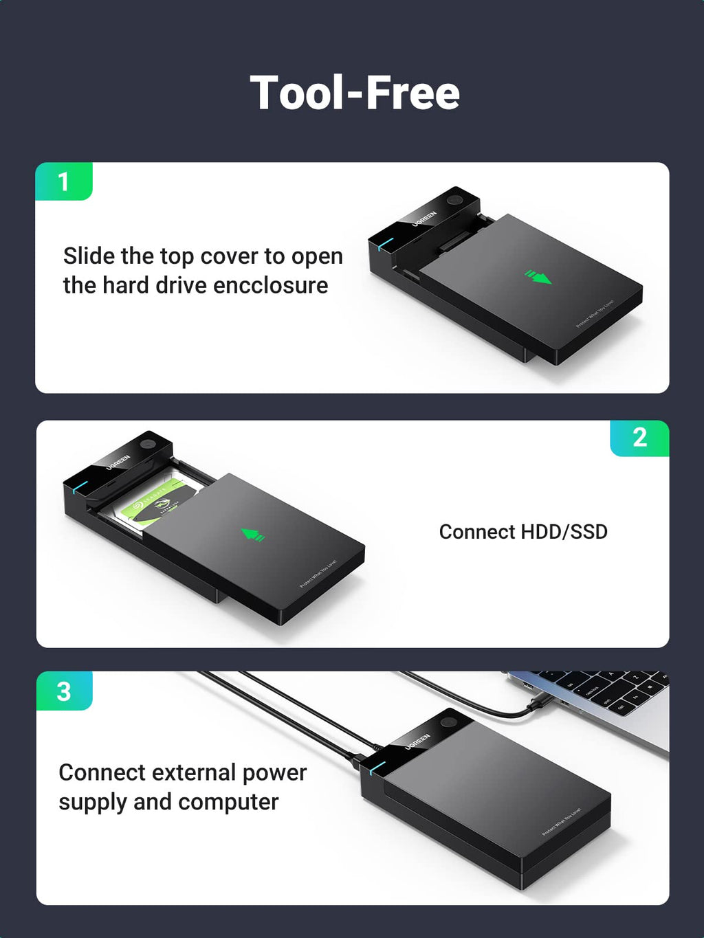 Ugreen USB 3.0 SATA HDD Enclosure - 16TB Support, Tool-free Docking Station - UGREEN - 50424