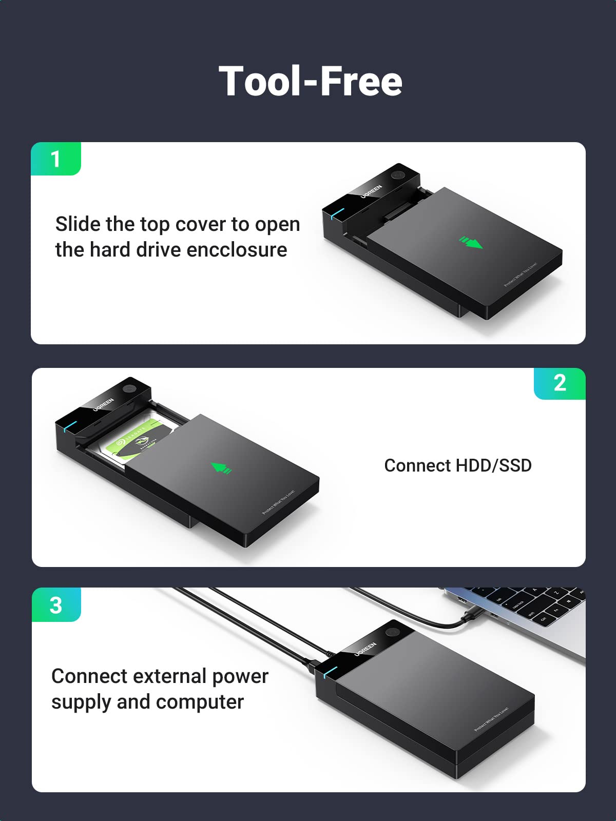 Ugreen USB 3.0 SATA HDD Enclosure - 16TB Support, Tool-free Docking Station - UGREEN - 50424
