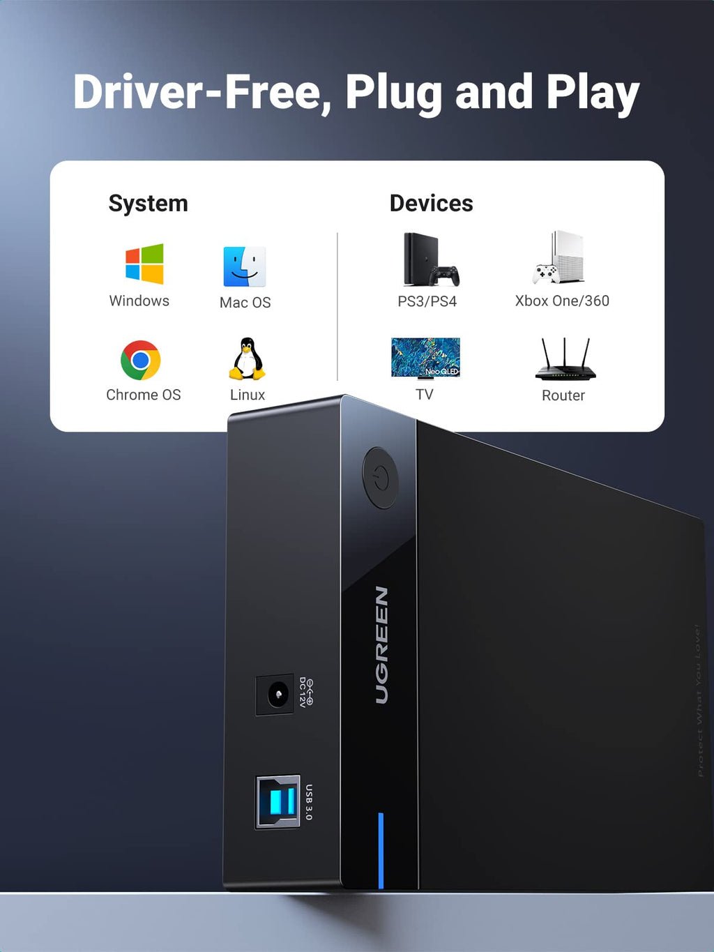 Ugreen USB 3.0 SATA HDD Enclosure - 16TB Support, Tool-free Docking Station - UGREEN - 50424